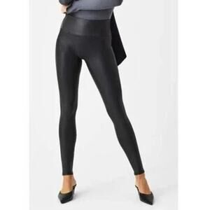 Spanx Faux Leather Leggings Black Wide Band Size Small